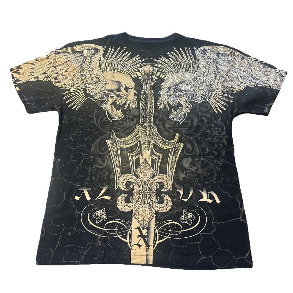 Xzavier All Over Print Cross Skull Studded Graphic T-shirt Men L Black AOP Y2K